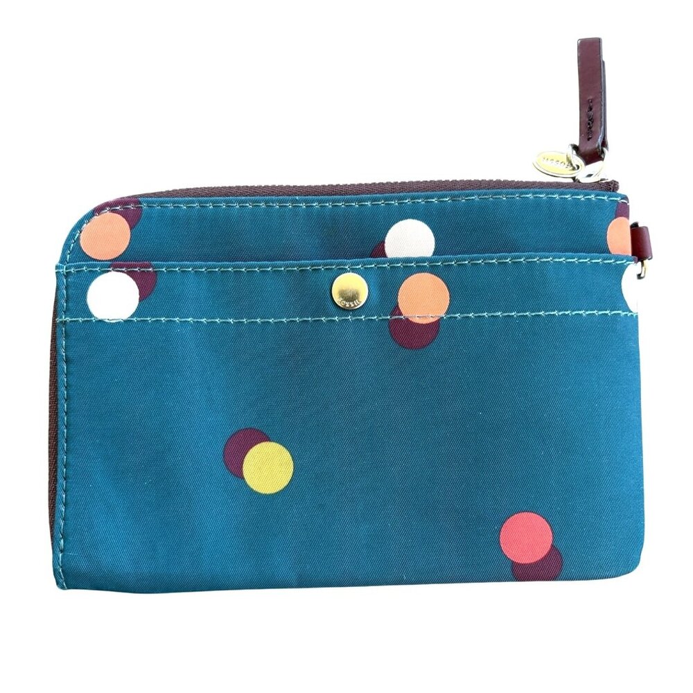 Fossil Zippered Teal & Multi Polka Dots Zip Around Leather Pull 4" X 6"‎